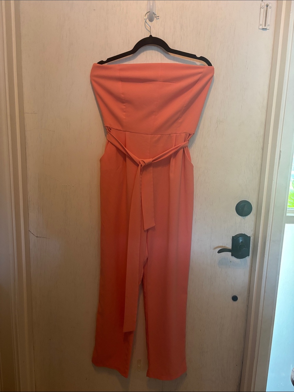 Monteau Strapless Coral-Orange Jumpsuit with Waist Tie